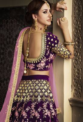 Pure Micro Velvet Wedding Lehenga In Purple With Embroidery Work & Stone work 3