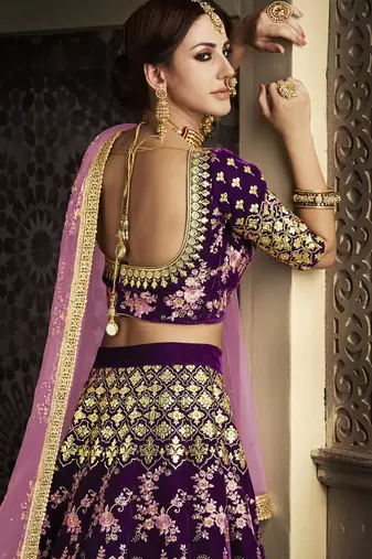 Pure Micro Velvet Wedding Lehenga In Purple With Embroidery Work & Stone work