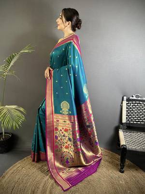 Women teal peacock&floral motifs lichi silk blend saree 2