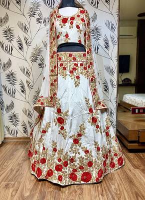 Pure Satin Silk Mehendi Sangeet Lehenga White Color With Embroidery Work & Stone Work 1