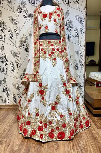 Pure Satin Silk Mehendi Sangeet Lehenga White Color With Embroidery Work & Stone Work