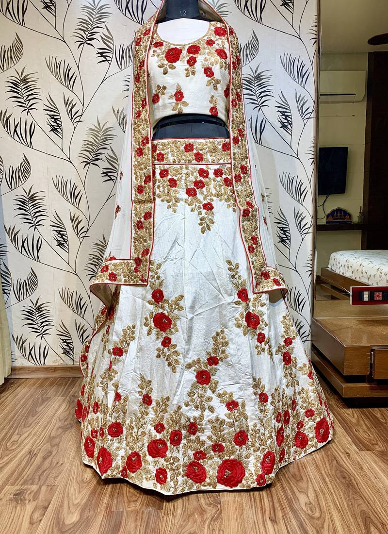 Pure Satin Silk Mehendi Sangeet Lehenga White Color With Embroidery Work & Stone Work