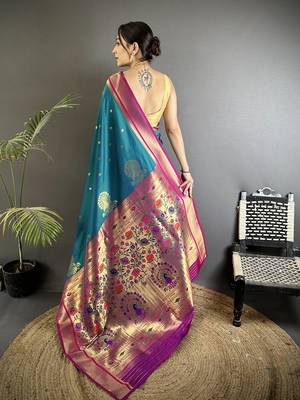 Women teal peacock&floral motifs lichi silk blend saree 3