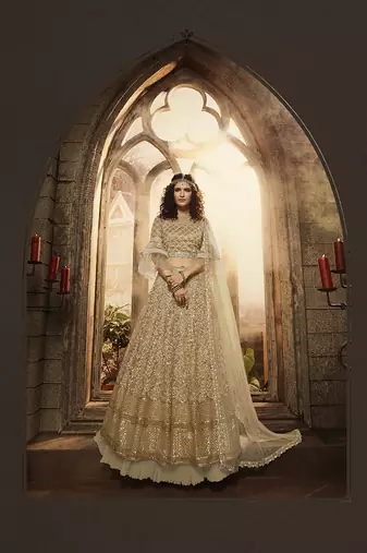 Soft Premium Net Wedding Wear Lahenga In Gold Embroidery Work & Sequance work