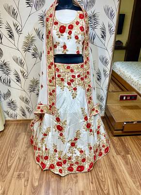 Pure Satin Silk Mehendi Sangeet Lehenga White Color With Embroidery Work & Stone Work 2