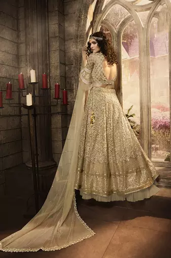 Soft Premium Net Wedding Wear Lahenga In Gold Embroidery Work & Sequance work