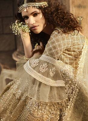 Soft Premium Net Wedding Wear Lahenga In Gold Embroidery Work & Sequance work 3