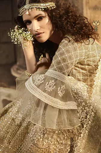 Soft Premium Net Wedding Wear Lahenga In Gold Embroidery Work & Sequance work