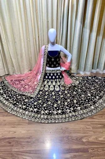 Pure Micro Velvet Wedding Lehenga In Blue With Embroidery & Crystal Stone Work