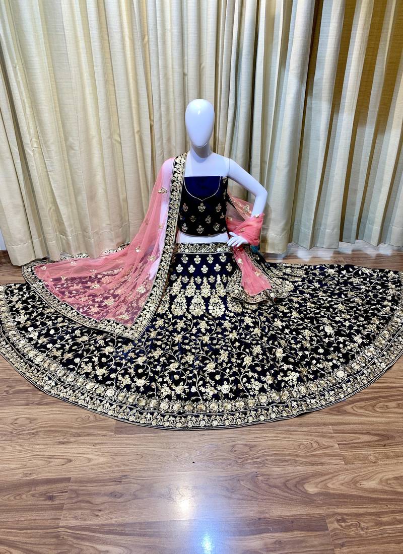 Pure Micro Velvet Wedding Lehenga In Blue With Embroidery & Crystal Stone Work