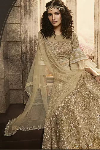 Soft Premium Net Wedding Wear Lahenga In Gold Embroidery Work & Sequance work