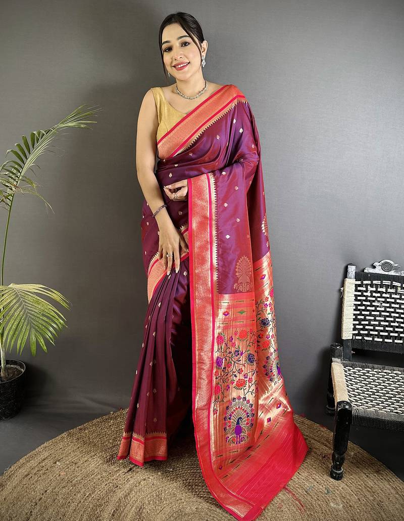 Women wine peacock&floral motifs lichi silk saree