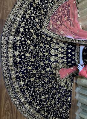 Pure Micro Velvet Wedding Lehenga In Blue With Embroidery & Crystal Stone Work 2