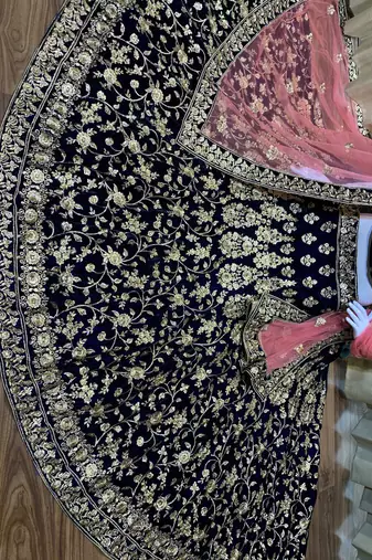 Pure Micro Velvet Wedding Lehenga In Blue With Embroidery & Crystal Stone Work