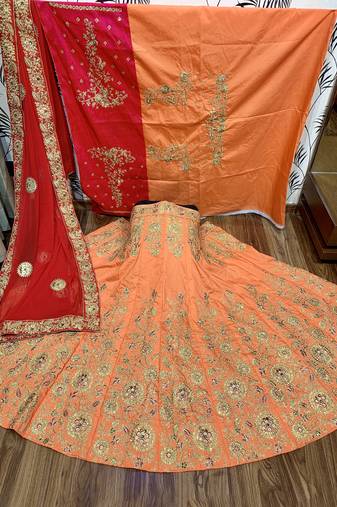 Pure Satin Silk Mehendi Sangeet Lehenga Orange Color With Embroidery Work & Stone Work