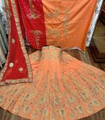 Pure Satin Silk Mehendi Sangeet Lehenga Orange Color With Embroidery Work & Stone Work