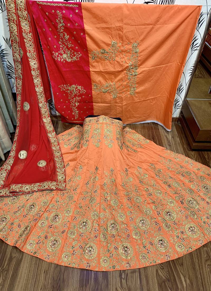 Pure Satin Silk Mehendi Sangeet Lehenga Orange Color With Embroidery Work & Stone Work