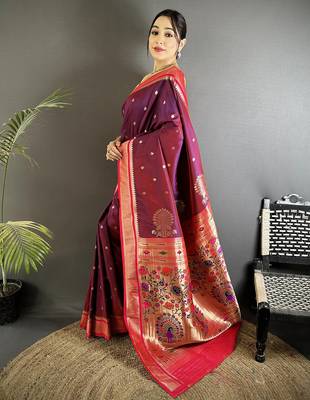 Women wine peacock&floral motifs lichi silk blend saree 2