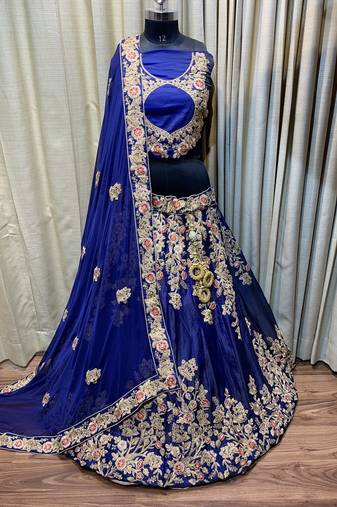 Pure Satin Silk Mehendi Sangeet Lehenga Blue Color With Embroidery Work & Stone Work