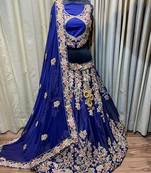 Pure Satin Silk Mehendi Sangeet Lehenga Blue Color With Embroidery Work & Stone Work