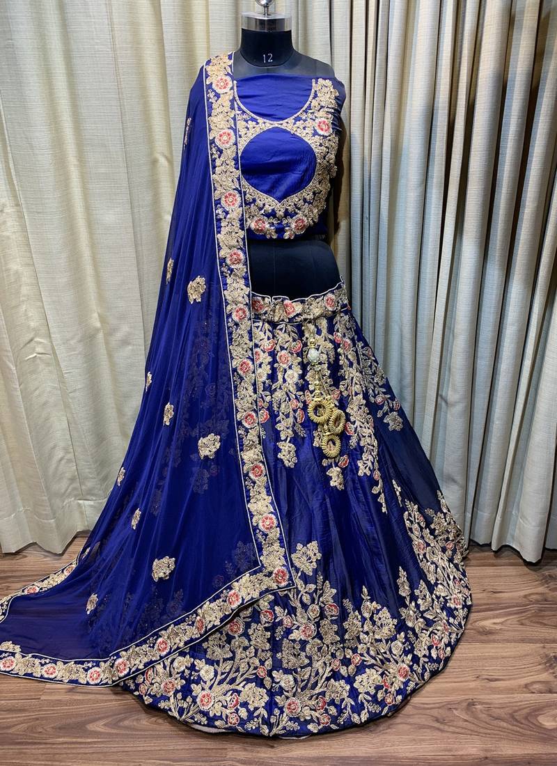 Pure Satin Silk Mehendi Sangeet Lehenga Blue Color With Embroidery Work & Stone Work