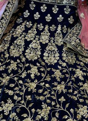 Pure Micro Velvet Wedding Lehenga In Blue With Embroidery & Crystal Stone Work 3