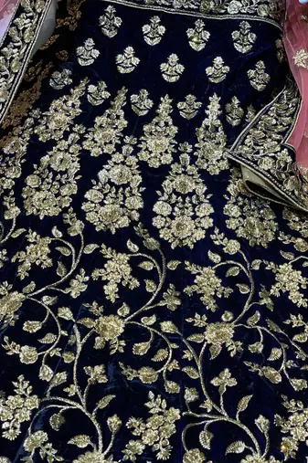 Pure Micro Velvet Wedding Lehenga In Blue With Embroidery & Crystal Stone Work