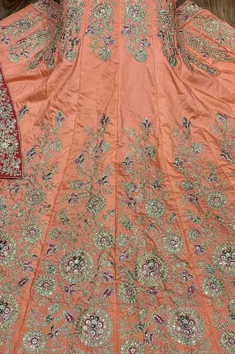 Pure Satin Silk Mehendi Sangeet Lehenga Orange Color With Embroidery Work & Stone Work