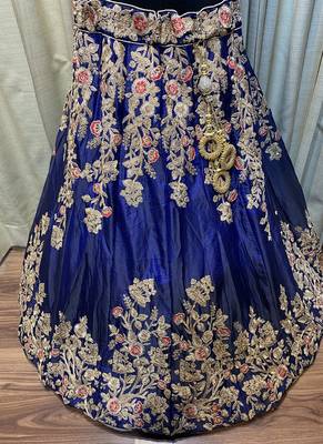 Pure Satin Silk Mehendi Sangeet Lehenga Blue Color With Embroidery Work & Stone Work 3