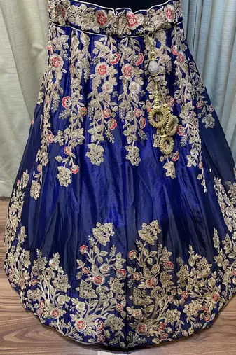 Pure Satin Silk Mehendi Sangeet Lehenga Blue Color With Embroidery Work & Stone Work