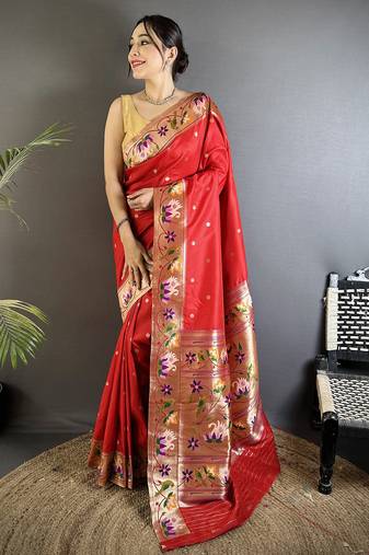 Women red floral & meena weaving lichi silk saree