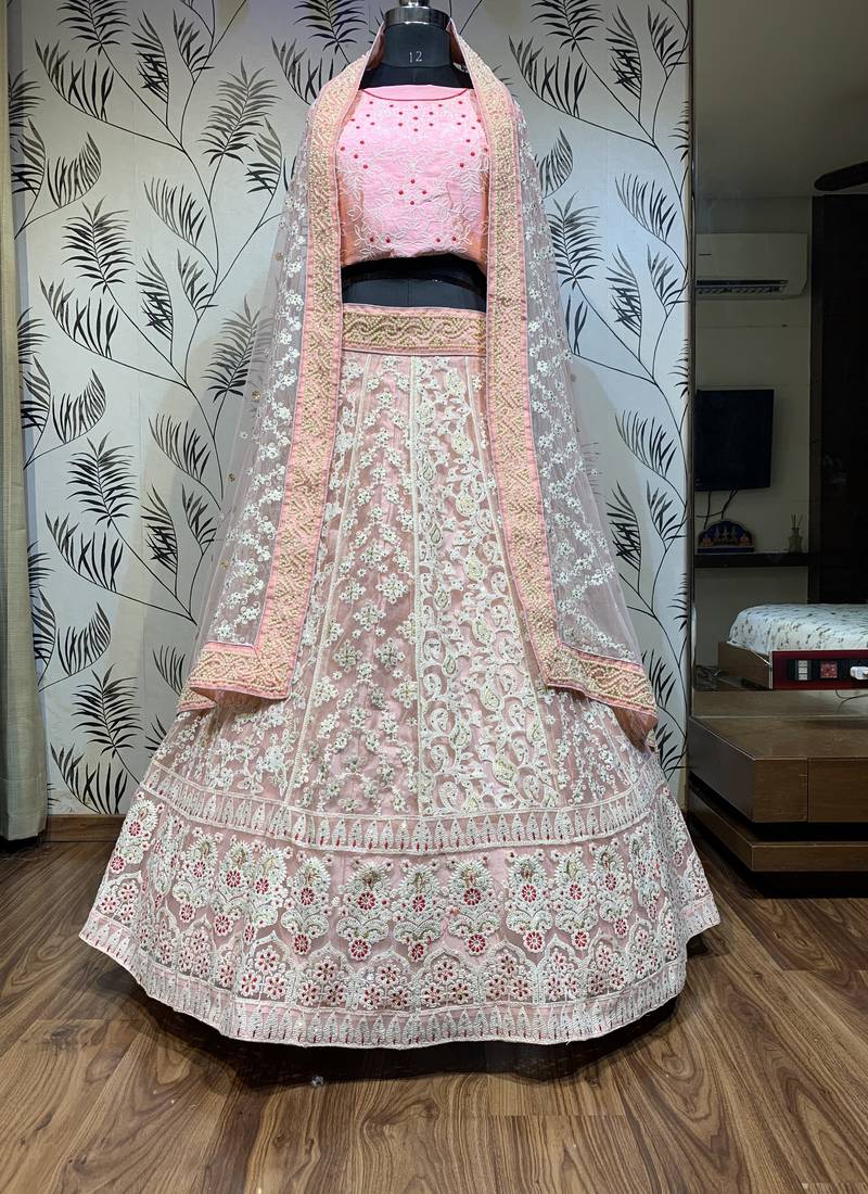 Soft Premium Net Wedding Lehenga In Pink With Embroidery & Crystal Stone Work