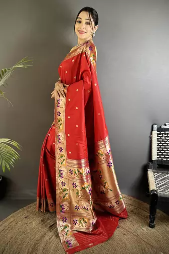 Women red floral & meena weaving lichi silk saree