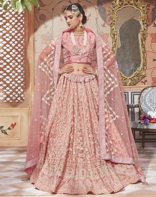 Soft Premium Net Wedding Lehenga In Pink With Embroidery & Crystal Stone Work 1
