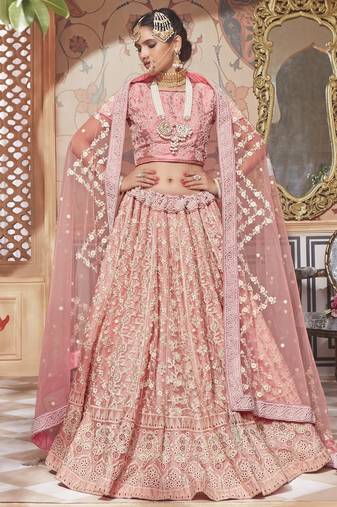 Soft Premium Net Wedding Lehenga In Pink With Embroidery & Crystal Stone Work