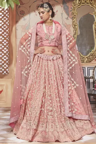 Soft Premium Net Wedding Lehenga In Pink With Embroidery & Crystal Stone Work