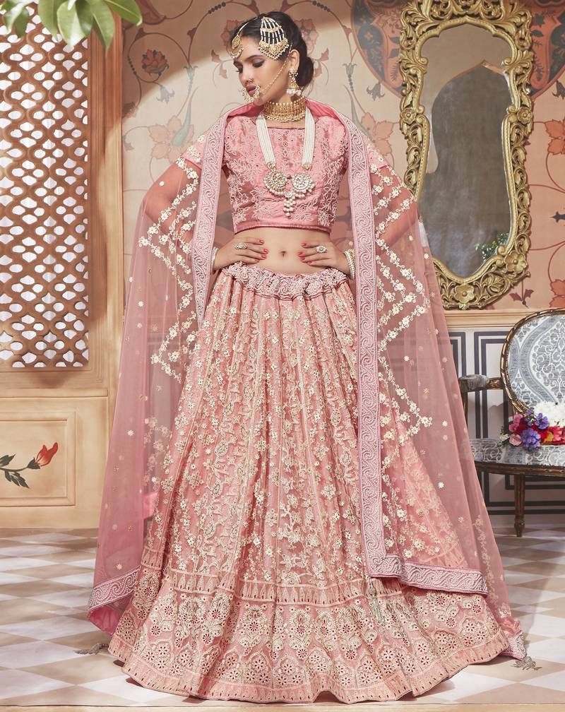 Soft Premium Net Wedding Lehenga In Pink With Embroidery & Crystal Stone Work