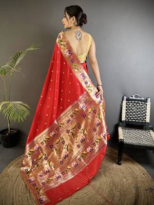 Women red floral & meena weaving lichi silk blend saree 3