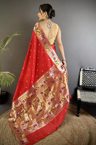 Women red floral & meena weaving lichi silk saree