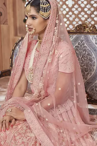 Soft Premium Net Wedding Lehenga In Pink With Embroidery & Crystal Stone Work