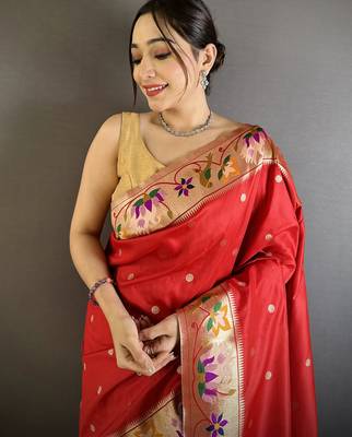 Women red floral & meena weaving lichi silk blend saree 4