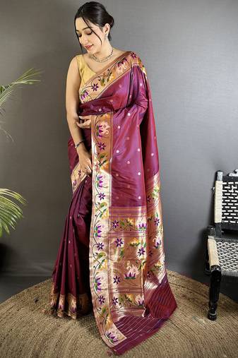 Women maroon floral & meena weaving lichi silk saree