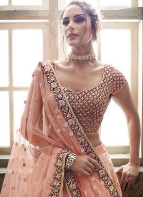 peach embroidery net party wear lehenga 2