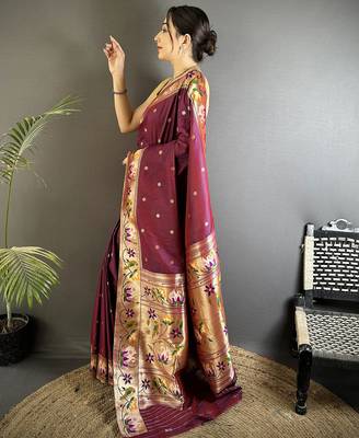 Women maroon floral & meena weaving lichi silk blend saree 2