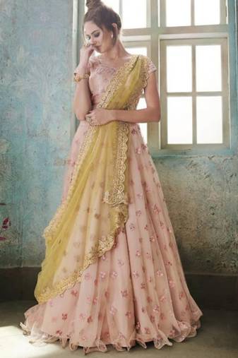 Soft Premium Net Party Wear Lehenga In Peach Color With Embroidery Work & Stone Work