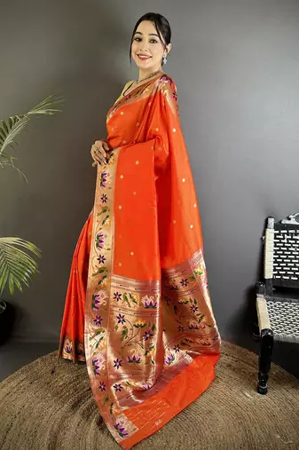 Women orange floral & meena weaving lichi silk saree