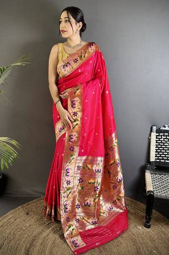 Women rani pink floral & meena weaving lichi silk saree