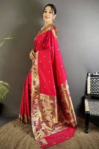 Women rani pink floral & meena weaving lichi silk saree