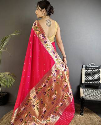Women rani pink floral & meena weaving lichi silk blend saree 3
