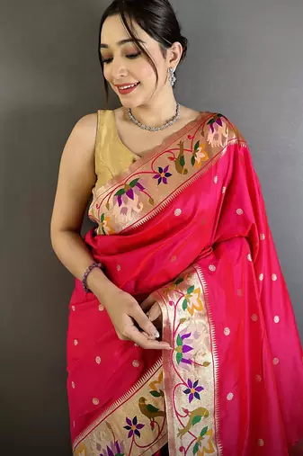 Women rani pink floral & meena weaving lichi silk saree